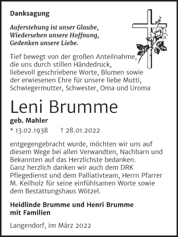 Traueranzeige von Leni Brumme von Trauerkombi Zeitz