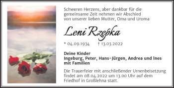 Traueranzeige von Leni Rzepka von Trauerkombi Merseburg