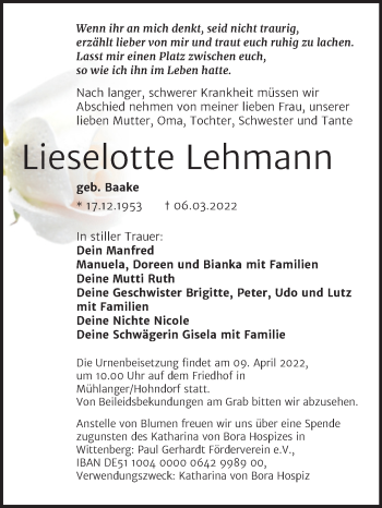 Traueranzeige von Lieselotte Lehmann von Trauerkombi Wittenberg