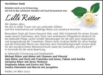 Traueranzeige von Lilli Ritter von Trauerkombi Quedlinburg