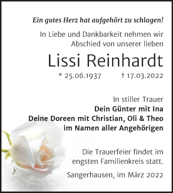 Traueranzeige von Lissi Reinhardt von Trauerkombi Sangerhausen
