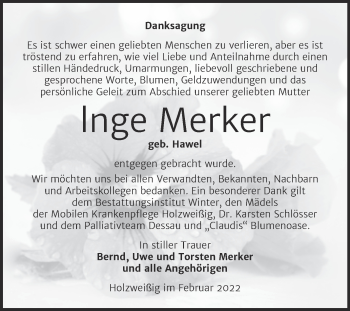 Traueranzeige von lnge Merker von Trauerkombi Bitterfeld