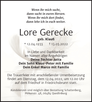 Traueranzeige von Lore Gerecke von Trauerkombi Quedlinburg