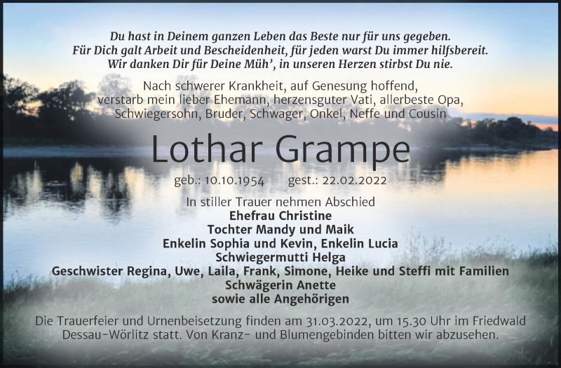  Traueranzeige für Lothar Grampe vom 05.03.2022 aus Trauerkombi Wittenberg