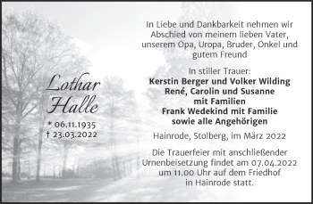 Traueranzeige von Lothar Halle von Trauerkombi Sangerhausen