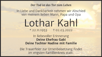 Traueranzeige von Lothar Kahl von Trauerkombi Merseburg