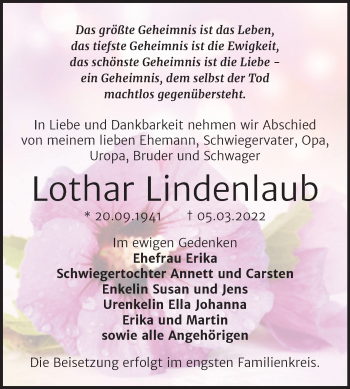 Traueranzeige von Lothar Lindenlaub von Trauerkombi Bernburg