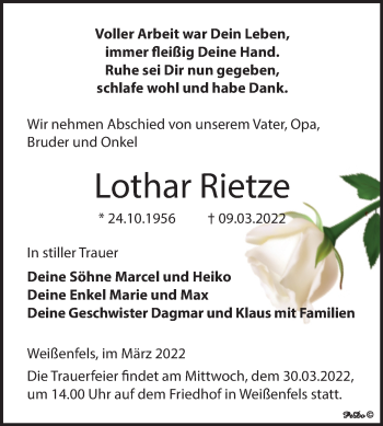 Traueranzeige von Lothar Rietze von Trauerkombi Weißenfels