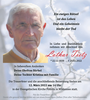 Traueranzeige von Lothar Tietz von Trauerkombi Dessau
