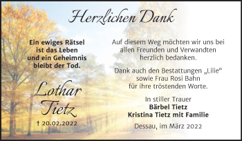 Traueranzeige von Lothar Tietz von Trauerkombi Dessau