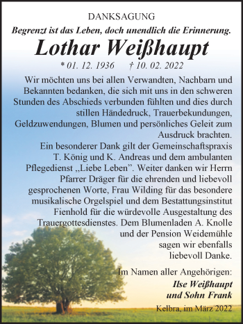 Traueranzeige von Lothar Weißhaupt von Trauerkombi Sangerhausen