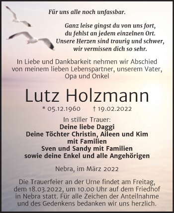 Traueranzeige von Lutz Holzmann von Wochenspiegel Naumburg/Nebra