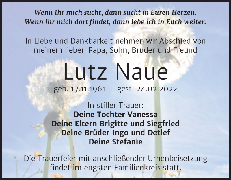  Traueranzeige für Lutz Naue vom 05.03.2022 aus Trauerkombi Wittenberg