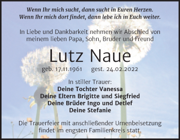 Traueranzeige von Lutz Naue von Trauerkombi Wittenberg