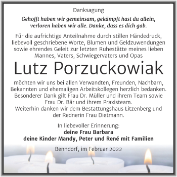 Traueranzeige von Lutz Porzuckowiak von Trauerkombi Mansfelder Land