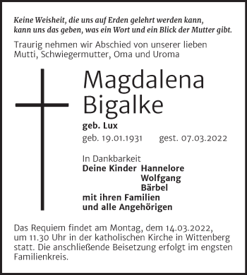 Traueranzeige von Magdalena Bigalke von Trauerkombi Wittenberg