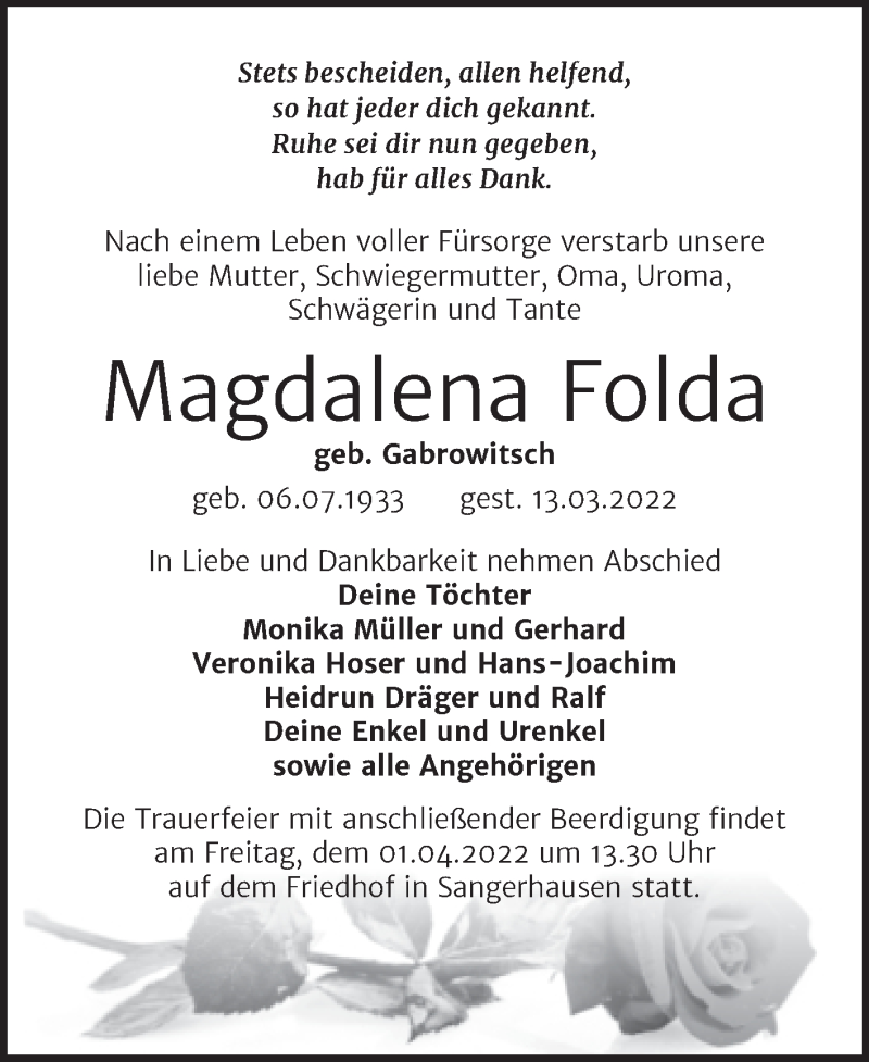  Traueranzeige für Magdalena Folda vom 25.03.2022 aus Trauerkombi Sangerhausen