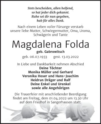 Traueranzeige von Magdalena Folda von Mitteldeutsche Zeitung Mansfelder Land