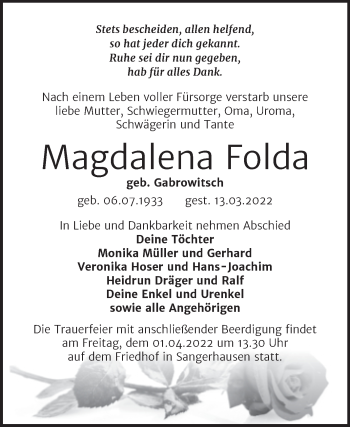 Traueranzeige von Magdalena Folda von Trauerkombi Sangerhausen