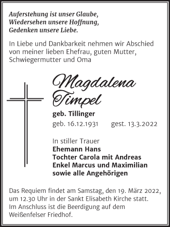 Traueranzeige von Magdalena Timpel von Mitteldeutsche Zeitung Weißenfels