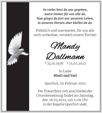 Traueranzeige von Mandy Dallmann von Trauerkombi Merseburg