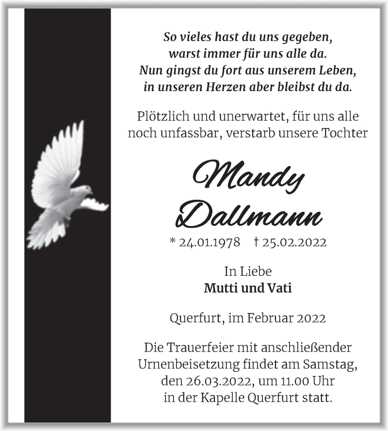  Traueranzeige für Mandy Dallmann vom 19.03.2022 aus Trauerkombi Merseburg