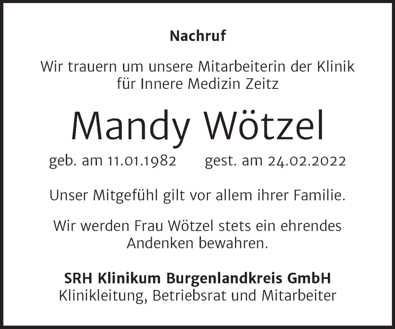  Traueranzeige für Mandy Wötzel vom 16.03.2022 aus Mitteldeutsche Zeitung Zeitz