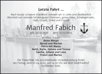 Traueranzeige von Manfred Fabich von Trauerkombi Bernburg