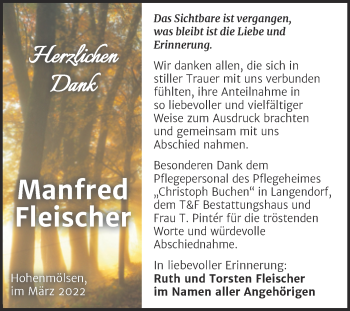 Traueranzeige von Manfred Fleischer von Trauerkombi Weißenfels