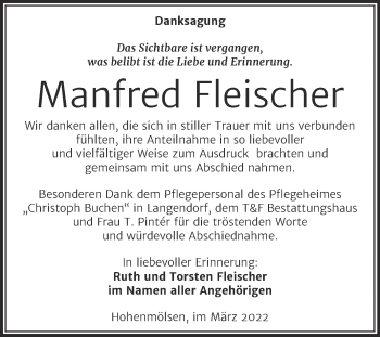 Traueranzeige von Manfred Fleischer von Trauerkombi Weißenfels