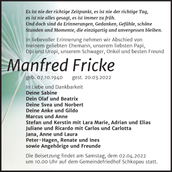 Traueranzeige von Manfred Fricke von Trauerkombi Merseburg