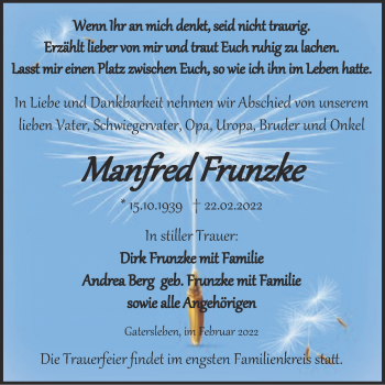 Traueranzeige von Manfred Frunzke von Trauerkombi Aschersleben