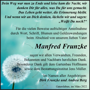 Traueranzeige von Manfred Frunzke von Trauerkombi Aschersleben