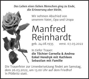 Traueranzeige von Manfred Reinhardt von Mitteldeutsche Zeitung Halle/Saalkreis