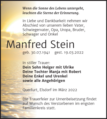Traueranzeige von Manfred Stein von Trauerkombi Merseburg
