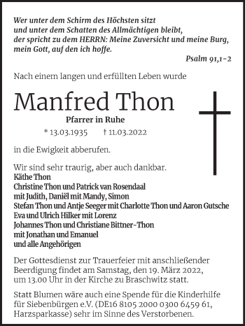 Traueranzeige von Manfred Thon von Mitteldeutsche Zeitung Halle/Saalkreis