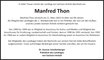 Traueranzeige von Manfred Thon von Mitteldeutsche Zeitung Gesamt Sachsen-Anhalt Süd