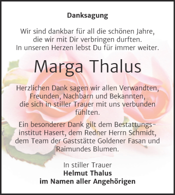 Traueranzeige von Marga Thalus von Trauerkombi Wittenberg