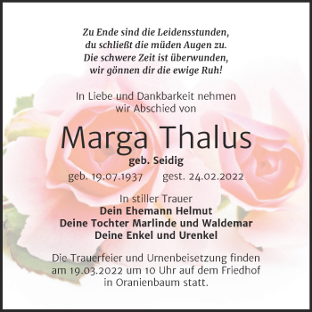 Traueranzeige von Marga Thalus von Trauerkombi Wittenberg