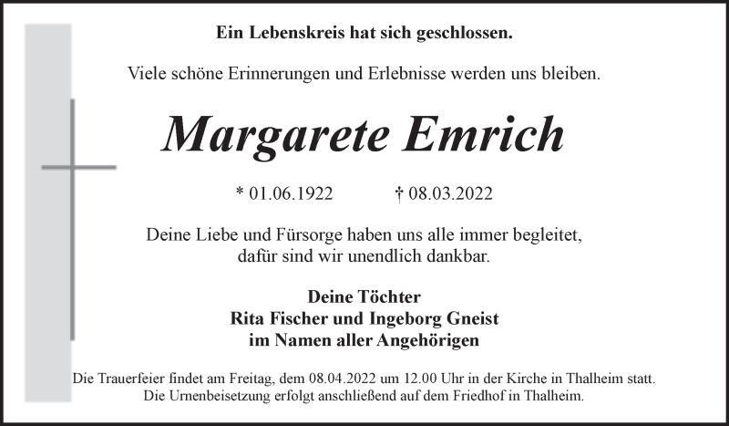  Traueranzeige für Margarete Emrich vom 26.03.2022 aus Trauerkombi Bitterfeld