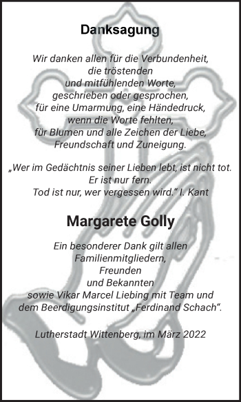 Traueranzeige von Margarete Golly von Trauerkombi Wittenberg