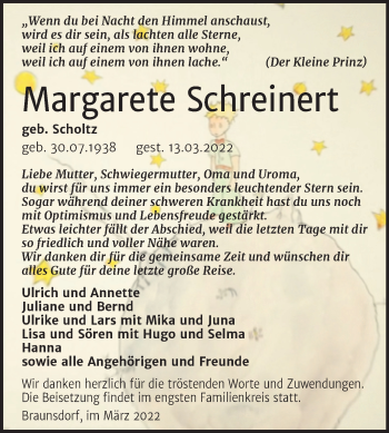 Traueranzeige von Margarete Schreinert von Trauerkombi Wittenberg