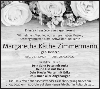 Traueranzeige von Margaretha Käthe Zimmermann von Trauerkombi Bitterfeld