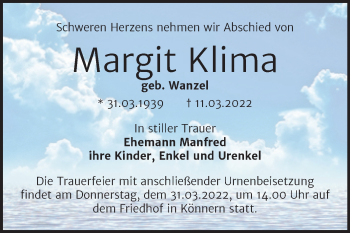 Traueranzeige von Margit Klima von Trauerkombi Bernburg