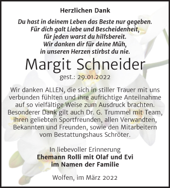 Traueranzeige von Margit Schneider von Trauerkombi Bitterfeld