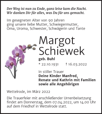 Traueranzeige von Margot Schiewek von Trauerkombi Sangerhausen