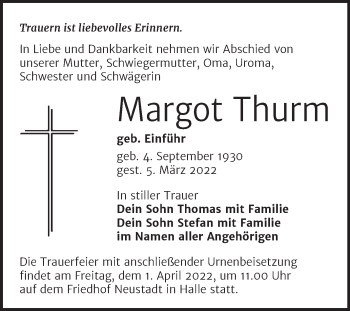 Traueranzeige von Margot Thurm von Mitteldeutsche Zeitung Halle/Saalkreis