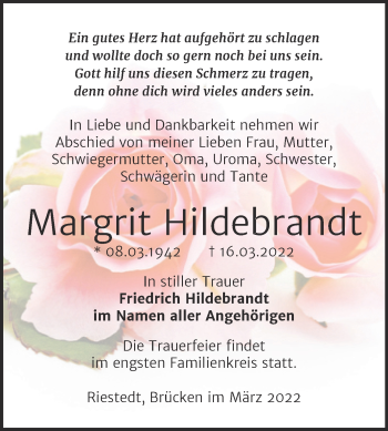 Traueranzeige von Margrit Hildebrandt von Trauerkombi Sangerhausen