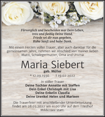 Traueranzeige von Maria Siebert von Trauerkombi Dessau