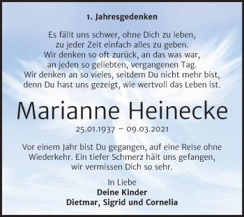 Traueranzeige von Marianne Heinecke von Trauerkombi Bernburg